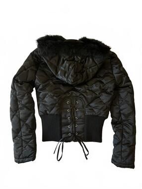 Y2K corset back cropped quilted satin jacket fox fur trim Bebe xs